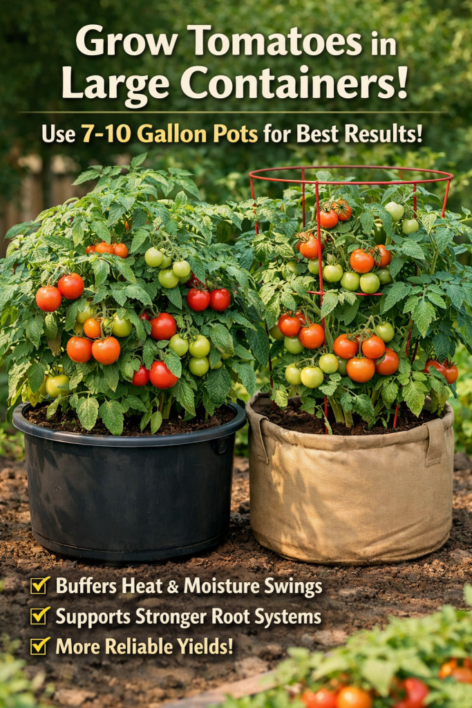Image showcasing tomato plants growing in large containers, highlighting the benefits of using 7-10 gallon pots for optimal growth.