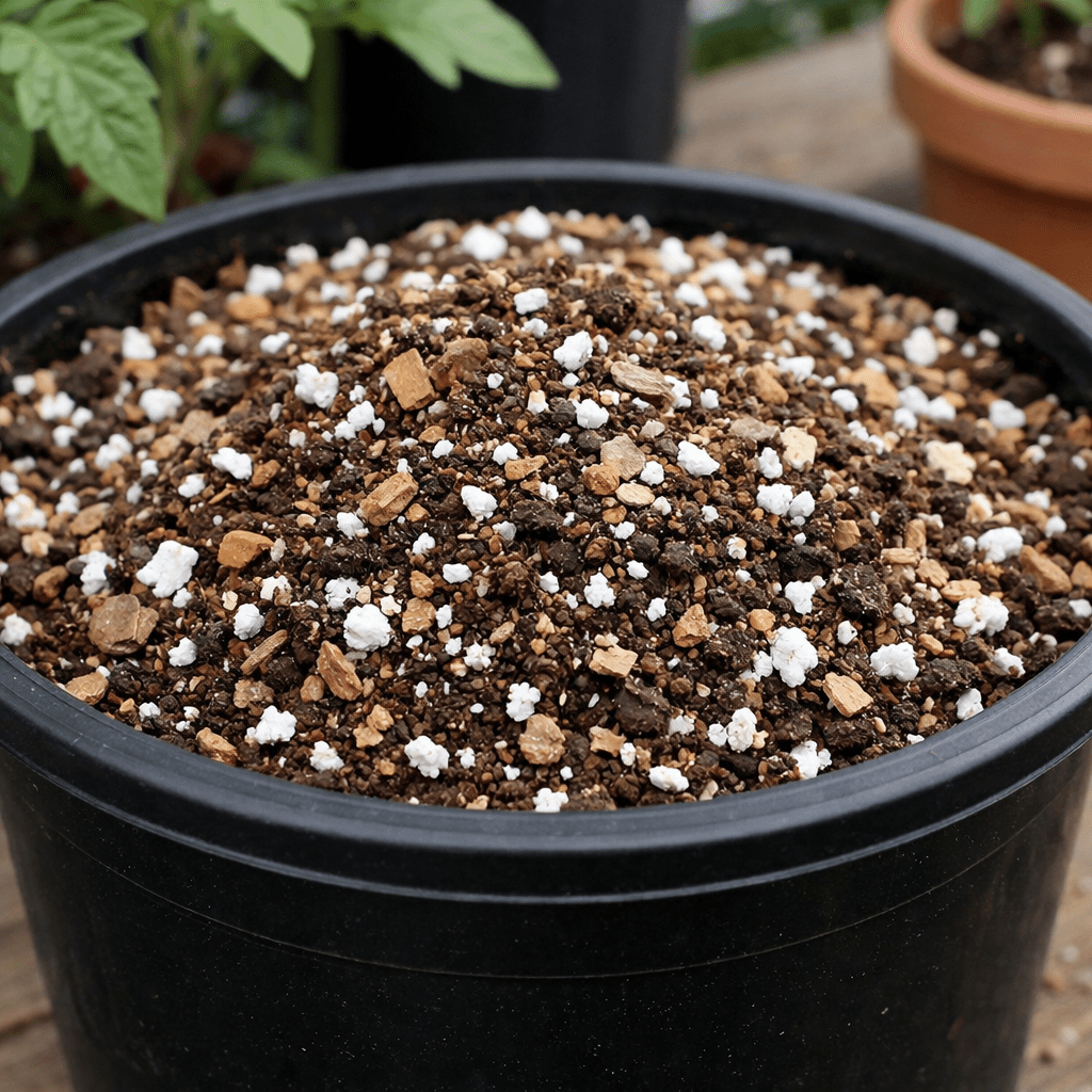 A close-up view of a pot filled with a mixture of soil, small rocks, and perlite, often used for gardening and plant growth.