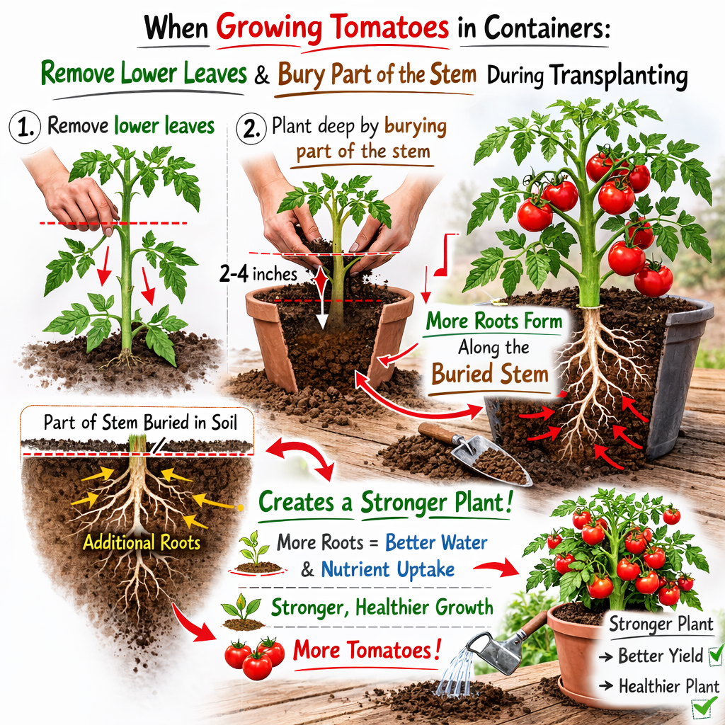 Illustration of tomato planting instructions in containers, showing steps for removing lower leaves and burying part of the stem during transplanting for stronger plant growth.