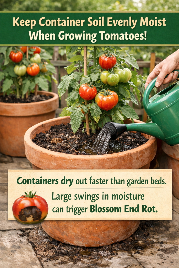 A person watering tomato plants in terracotta pots in a garden. The image includes red and green tomatoes on the plants and text advising on keeping container soil moist to prevent Blossom End Rot.