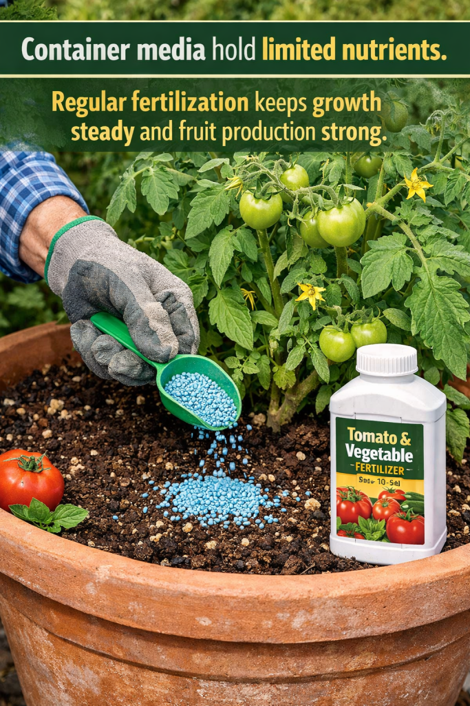 A person wearing gardening gloves pours blue fertilizer pellets into a potted tomato plant. The pot contains healthy tomato plants and a ripe tomato, with a bottle of tomato and vegetable fertilizer beside it.