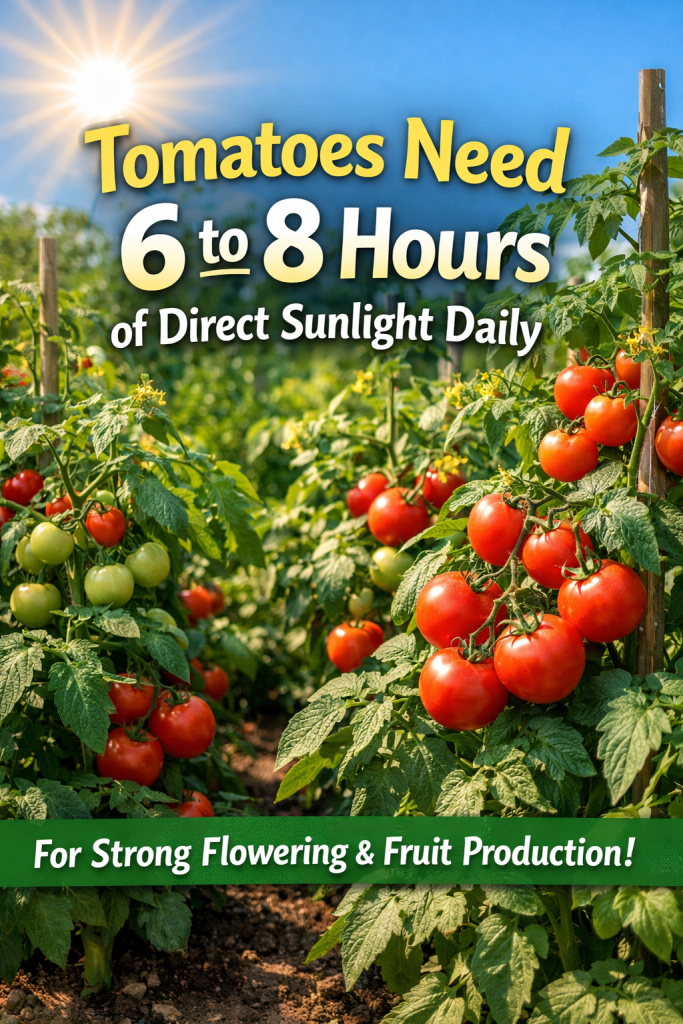 A tomato garden with ripe red tomatoes and green tomatoes under clear skies, featuring a text overlay that states 'Tomatoes Need 6 to 8 Hours of Direct Sunlight Daily for Strong Flowering & Fruit Production!'