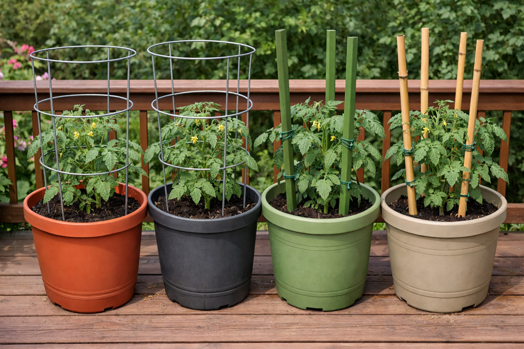Four potted tomato plants on a wooden deck, with two pots having wire cages and two using bamboo stakes for support.