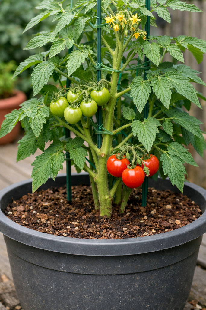 A potted tomato plant with several green tomatoes and ripe red tomatoes, supported by a trellis, surrounded by lush green leaves.