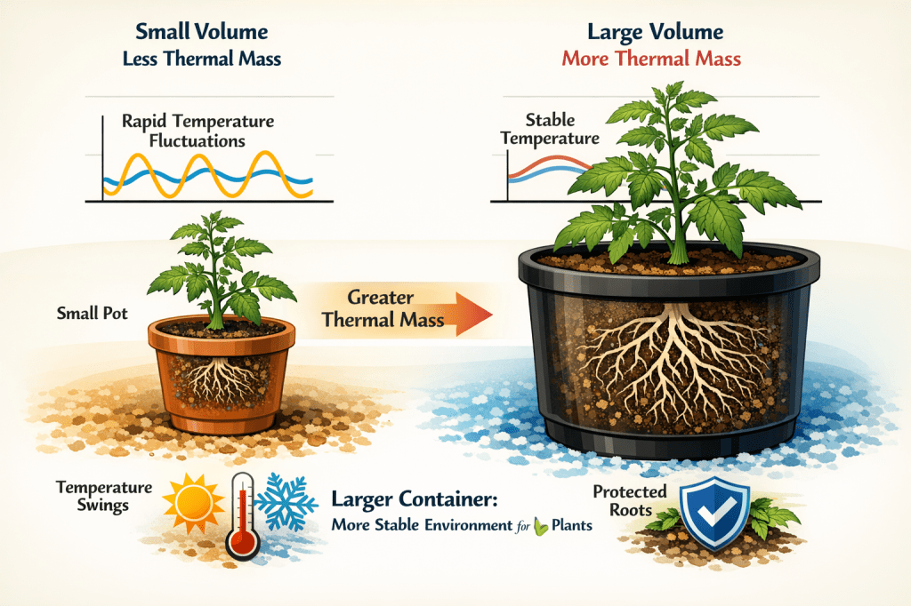 Infographic comparing small and large plant pots, highlighting thermal mass differences. Small pot shows rapid temperature fluctuations, while large pot demonstrates stable temperature and supports protected roots.