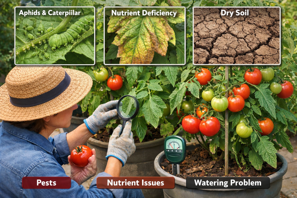 A gardener inspecting tomato plants with a magnifying glass, highlighting issues like pests, nutrient deficiency, and dry soil, with images of aphids, caterpillars, and cracked soil.